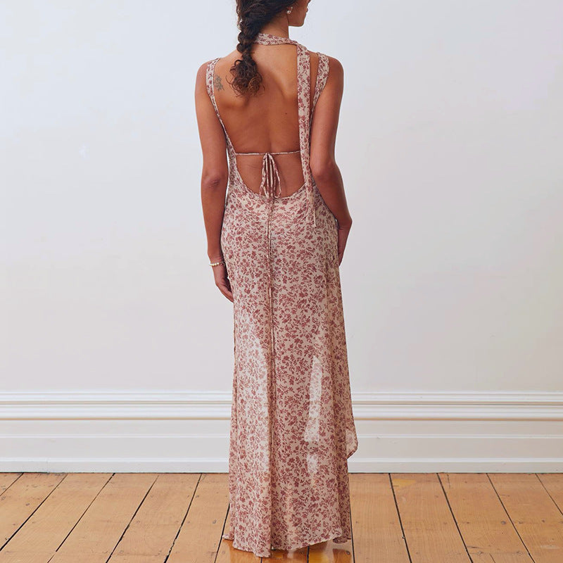 Strap Floral Backless High Split Tied