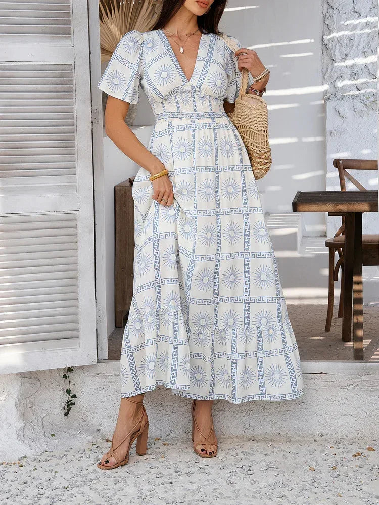 White Floral Maxi Dress With Blue Sun Pattern