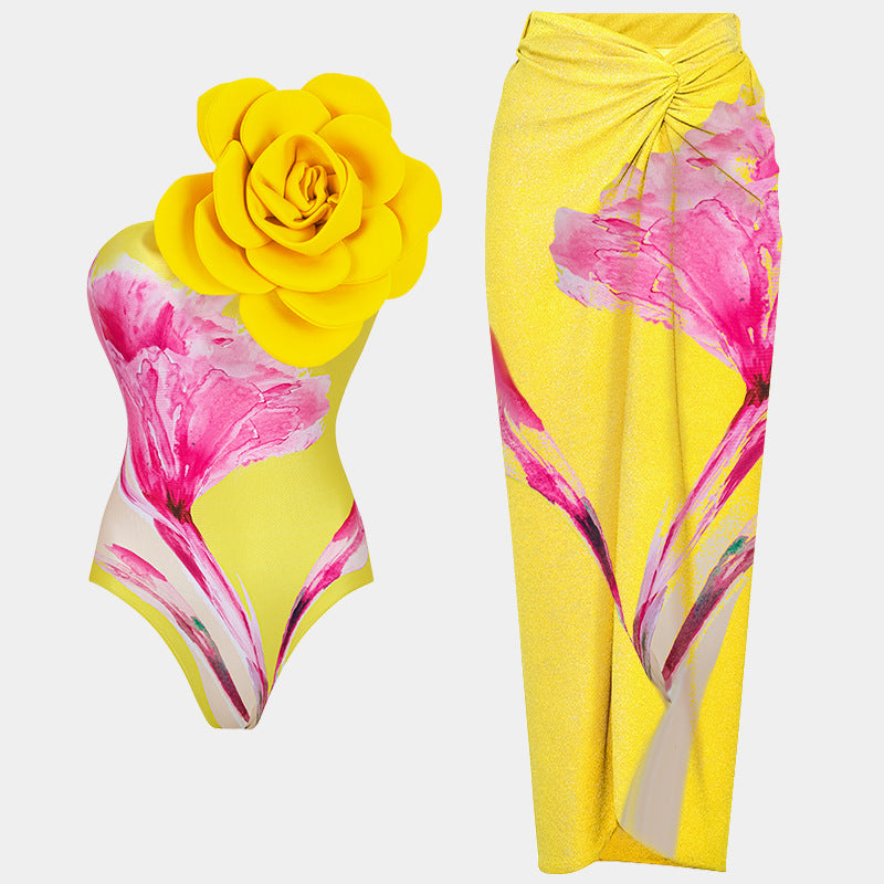 One Piece Swimsuit Skinny Slimming Big Floral Swimsuit Outfit Chiffon Dress