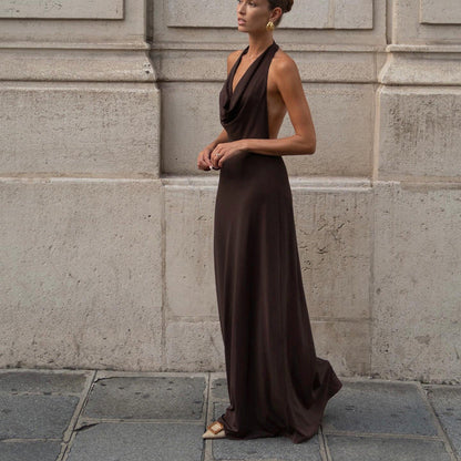Halter Cowl Neck Open Back Draped Satin Column Maxi Dress
