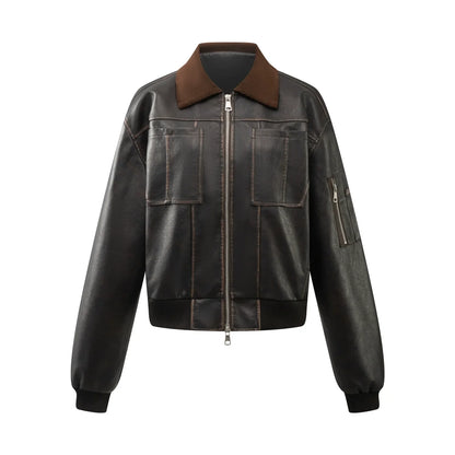 PU Leather Jacket with Lamb Wool Collar