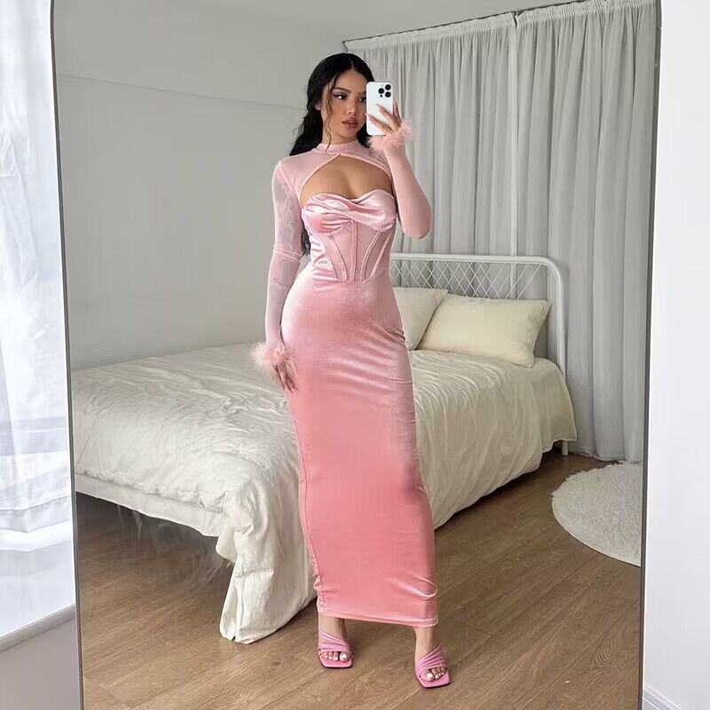 Fall Plush Mesh Stitching Night Club Hollow Out Cutout Dress Slim Fit Dress