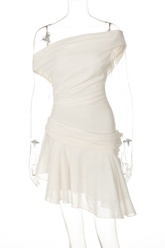 One Shoulder Ruched Draped Chiffon Tiered Asymmetrical Hem Mini Dress