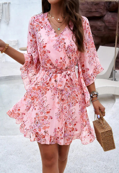Ruffle Floral Wrap Mini Dress – Pink Bloom Edition