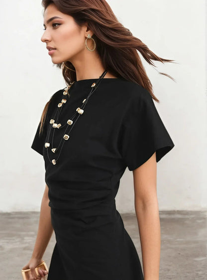 Summer Maxi Dress Draped Waist Short Sleeve