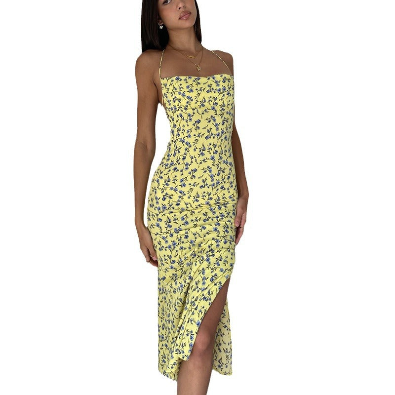 Ditsy Floral Print Halter Neck Tie-Front Ruched High-Slit Maxi Dress