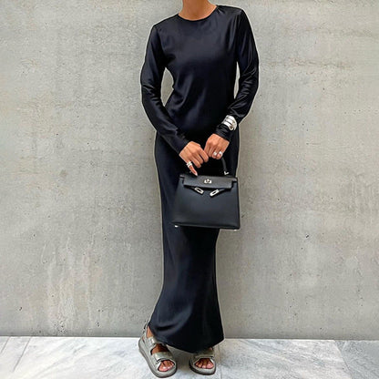Early Satin Draping Dress round Neck High Waist Long Sleeve Dress
