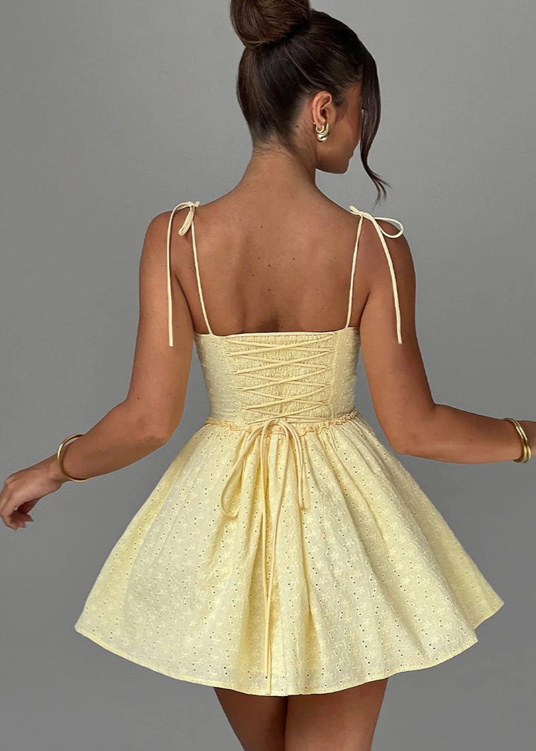 Eyelet Lace Corset Bustier Tie Strap Basque Waist Fit and Flare Mini Dress