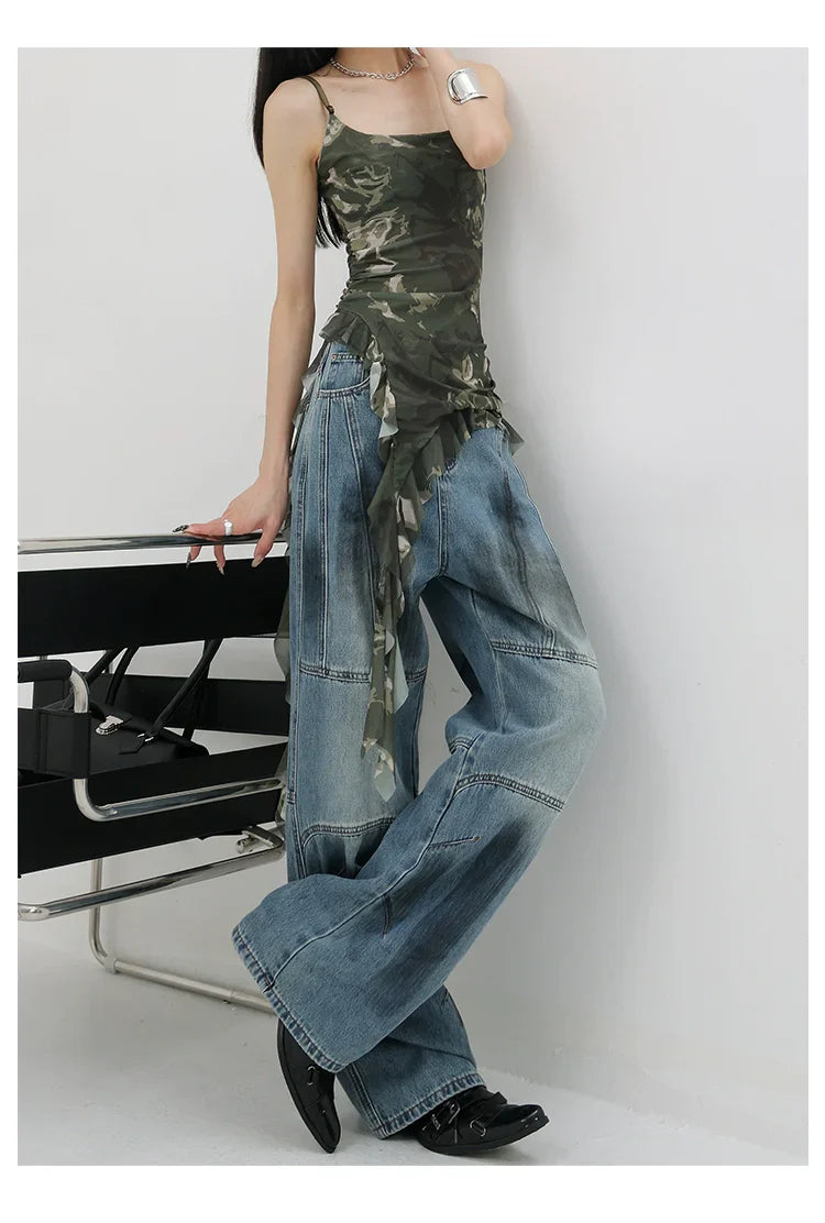 Vintage Distressed And Dirt-Dyed Patchwork Wide-Leg Jeans