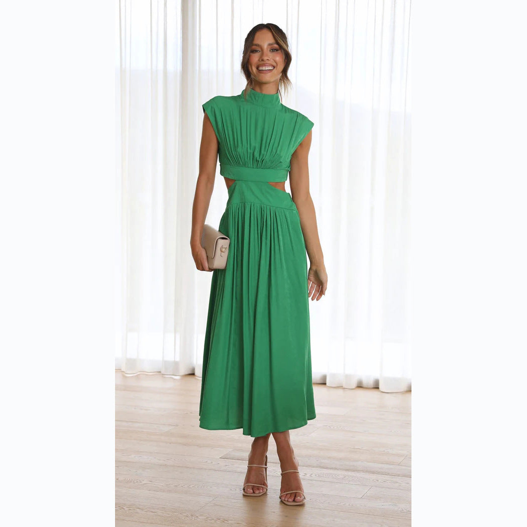 Mock Neck Cap Sleeve Pleated Bodice Waist Cutout Flared Midi Dress