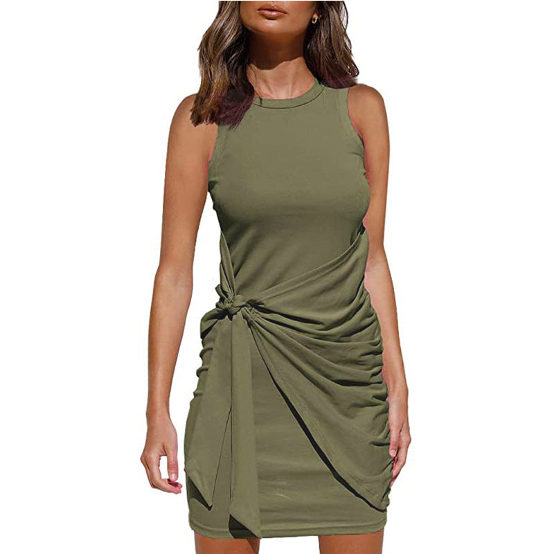 Crew Neck Side-Tie Knot Ruched Tank Bodycon Mini Dress