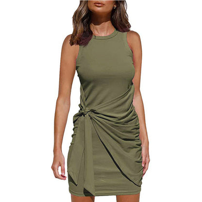 Crew Neck Side-Tie Knot Ruched Tank Bodycon Mini Dress