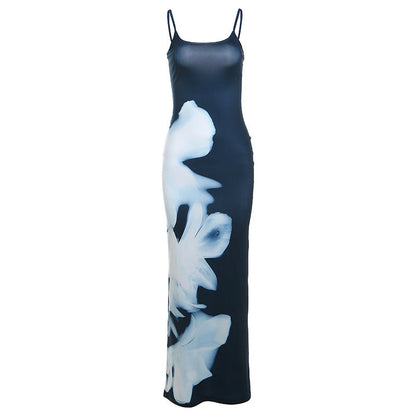 Spaghetti Strap Floral Print Slim Fit Sheath Elegant Dress
