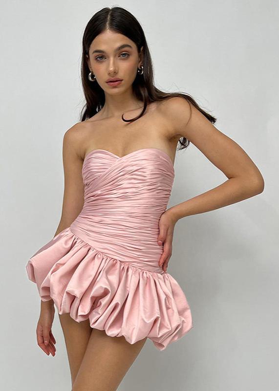 Strapless Sweetheart Ruched Bodice Bubble Hem Satin Mini Dress