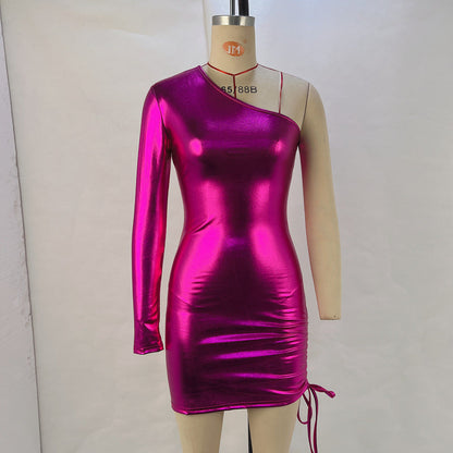 Metallic Coated Fabric Oblique Shoulder Waist Drawstring Bag Hip Dress Nightclub