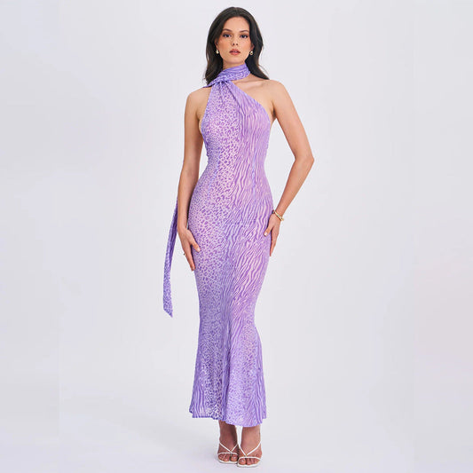 Mesh Sleeveless Dress Leopard Print Backless Halter Dress