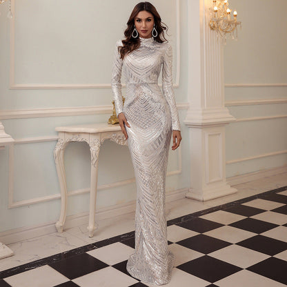 Party Evening Banquet Annual Meeting Host Geometric Abstract Sequined Long Sleeved Dress Fishtail