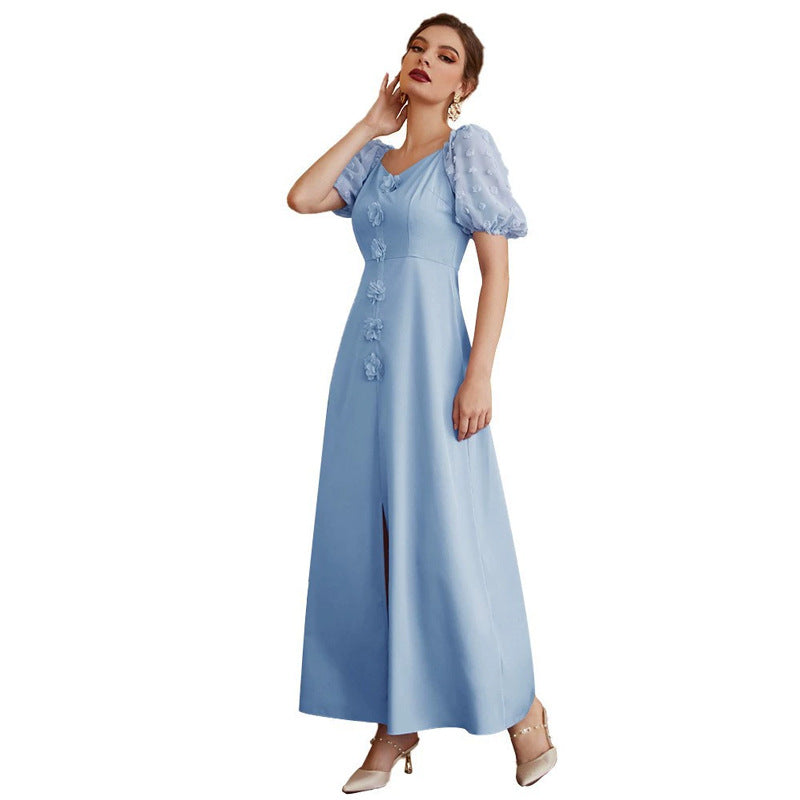 Sweetheart Neck Short Puff Sleeve Floral Applique Swiss Dot Maxi Dress