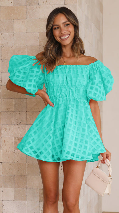 Off Shoulder Puff Sleeve Checkered Sheer Grid Babydoll Mini Dress