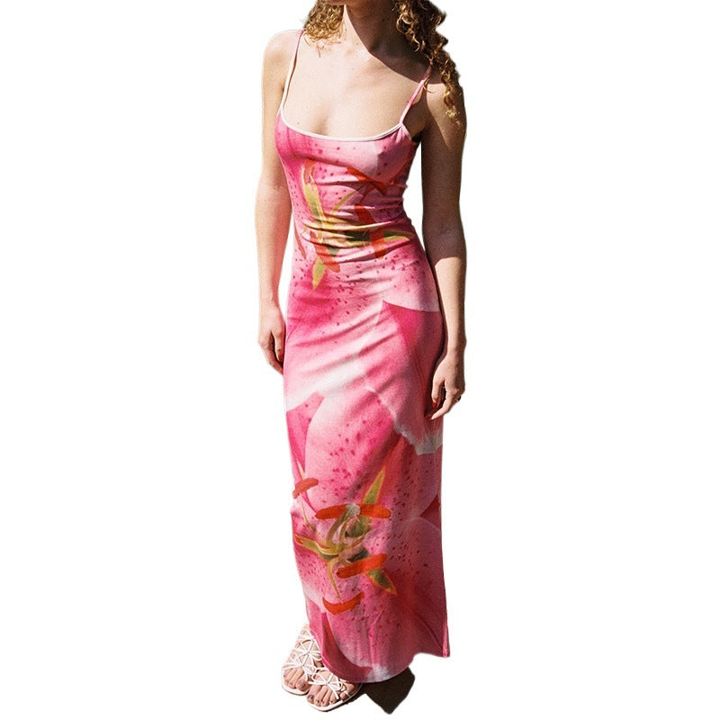 Large Floral Lily Print Spaghetti Strap Scoop Neck Bodycon Maxi Dress