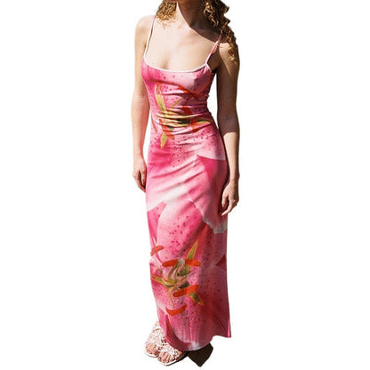 Large Floral Lily Print Spaghetti Strap Scoop Neck Bodycon Maxi Dress