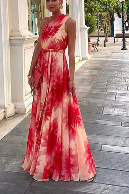 Floral Print One Shoulder Waist Tie Full Hem Resort Style Maxi Dress