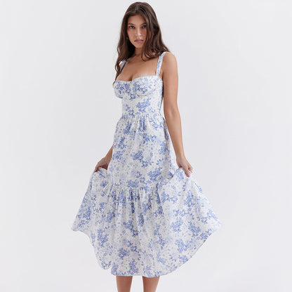 Collection Dress Sweet Spicy Floral Midi Backless Sleeveless Strap Dress for Summer