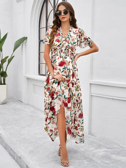 Women’s Casual Long Dress with Smocked Waist and Slit