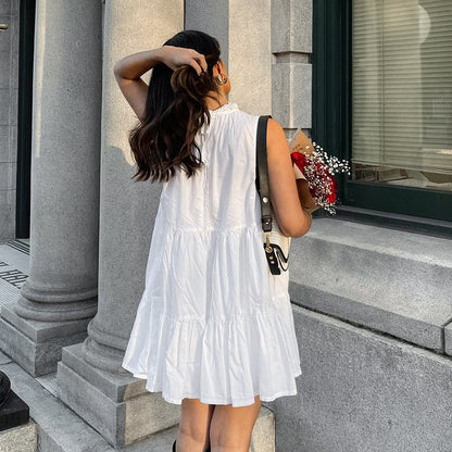 Round Neck Bow Lace Up Tiered Ruffle Sleeveless Mini Dress