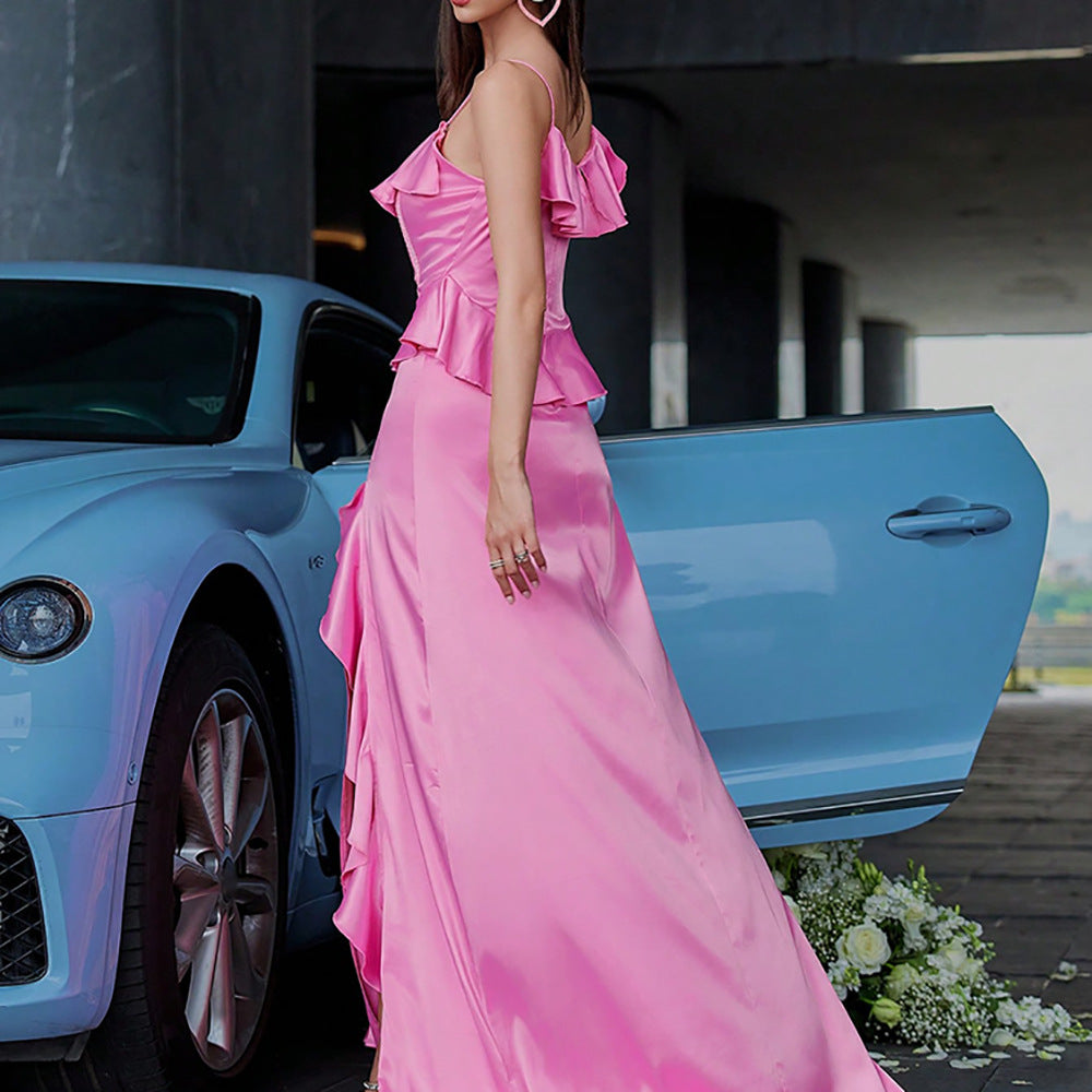 Popular Satin Stitching Sequ Dress Ruffled Design Sling Mop Party Dress