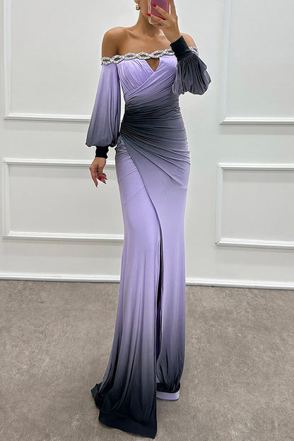 Julieta Gradient Print Boat Neck Off Shoulder Gem Detail Slit Gown Maxi Dress