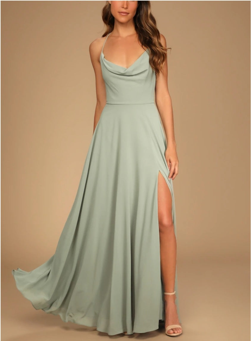 Cowl Neck Spaghetti Strap High Slit A-Line Chiffon Maxi Gown