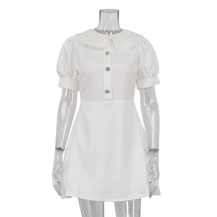 French Dress High Sense Peter Pan Collar Short Sleeve Slim Fit Elegant A Line Dress