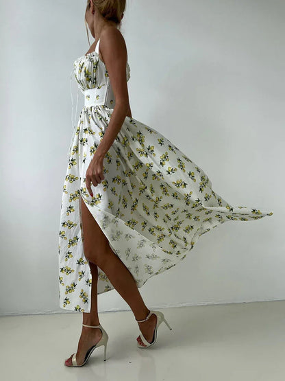Side Split Maxi Dress Floral Off Shoulder Beach Outfit