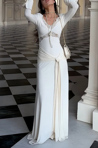 Fashion Lace Splicing Sexy V-neck Long-sleeved Slim Maxi Dress