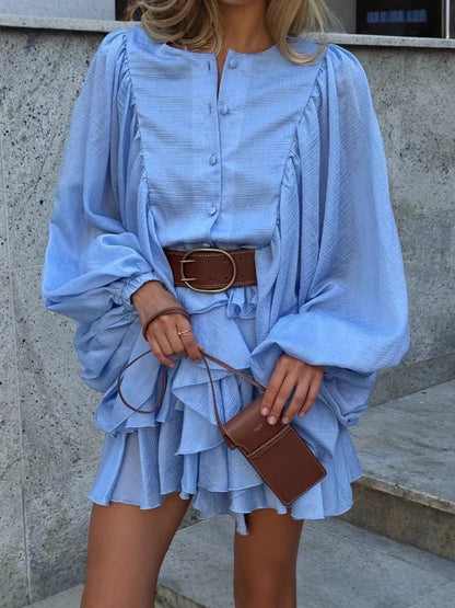 Layered ruffle lantern sleeve mini dress