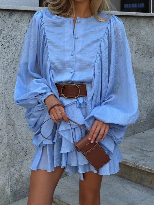Layered ruffle lantern sleeve mini dress