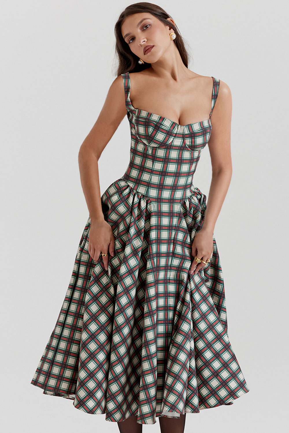 European Girl U Neck Plaid Sling Slim Waist Retro Big Swing
