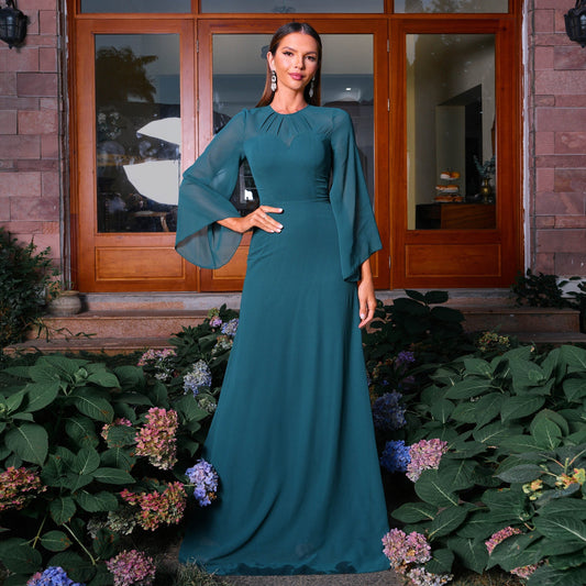 Long Sleeved Elegant Deep Round Neck Tight Waist Beach Vacation Long Bohemian Large Swing