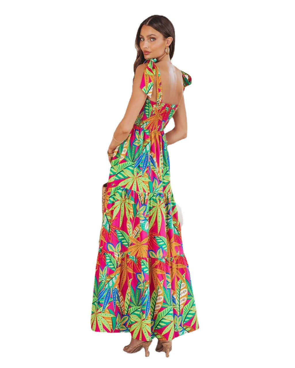 Square Neck Tie Shoulder Smocked Bodice Tiered Tropical Floral Maxi Dress