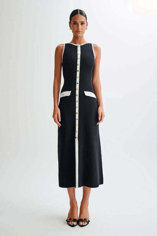 Black Contrast Trim Sleeveless Button Knit Dress