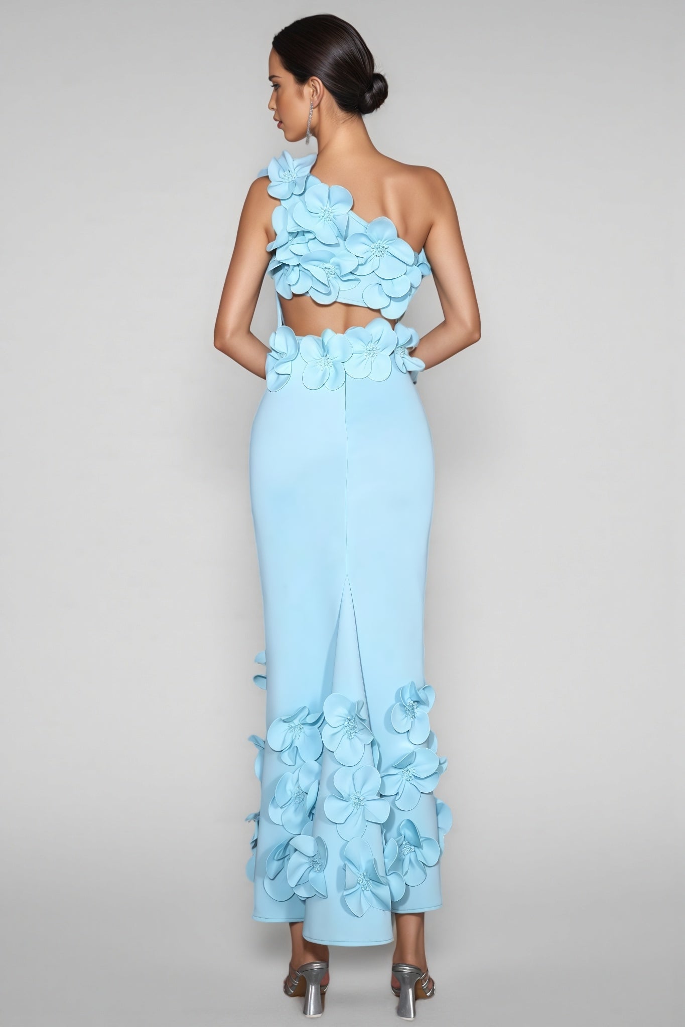 Tamarah Blue One-Shoulder 3D Floral Maxi Dress