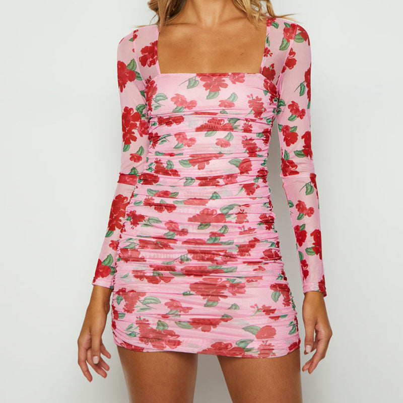 Printed Square Collar Long Sleeve Waist Ruffle Hip Dress
