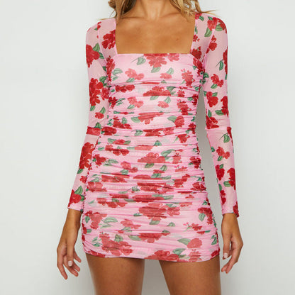 Printed Square Collar Long Sleeve Waist Ruffle Hip Dress