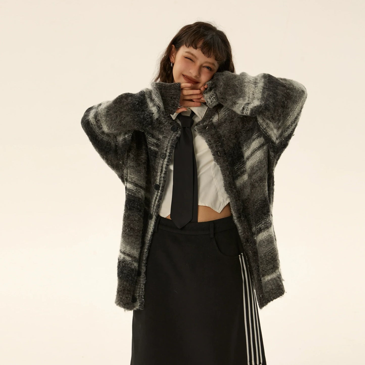 Oversized Fuzzy Striped Button-Up Cardigan