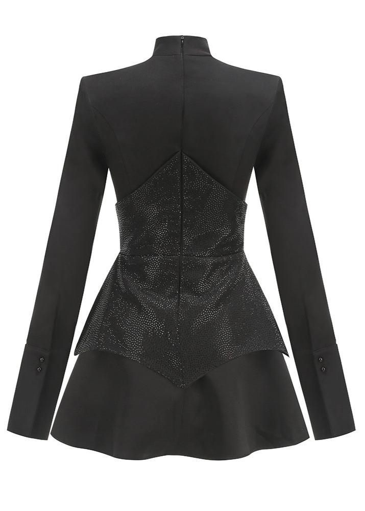 Mock Neck Long Sleeve Sequin Corset Waist Pointed Panel Pleated Skater Mini Dress