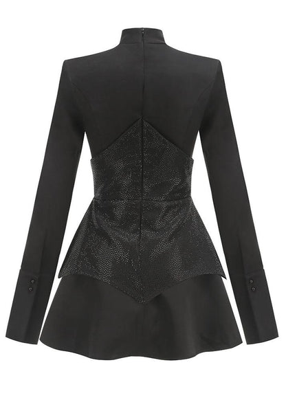 Mock Neck Long Sleeve Sequin Corset Waist Pointed Panel Pleated Skater Mini Dress