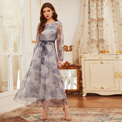 Print round Neck Lace Long Sweet Dress