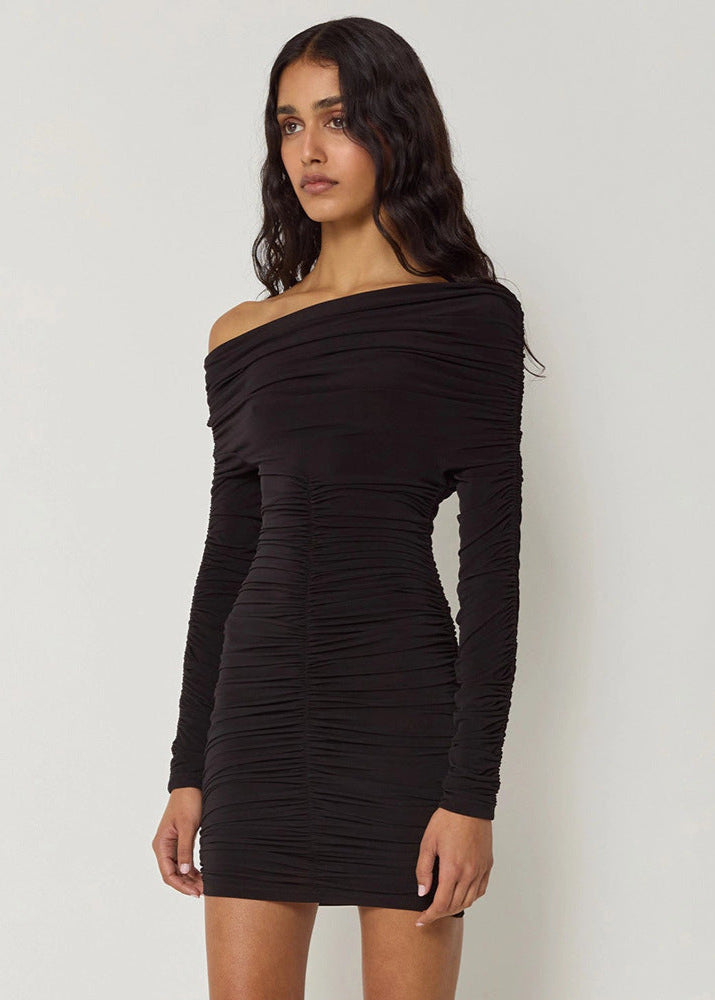 Asymmetric Off-Shoulder Ruched Long Sleeve Bodycon Mini Dress