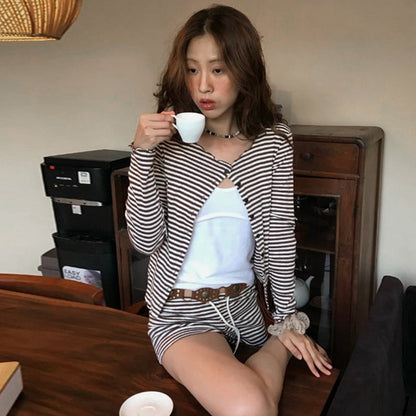 September Striped Cardigan Shorts Set